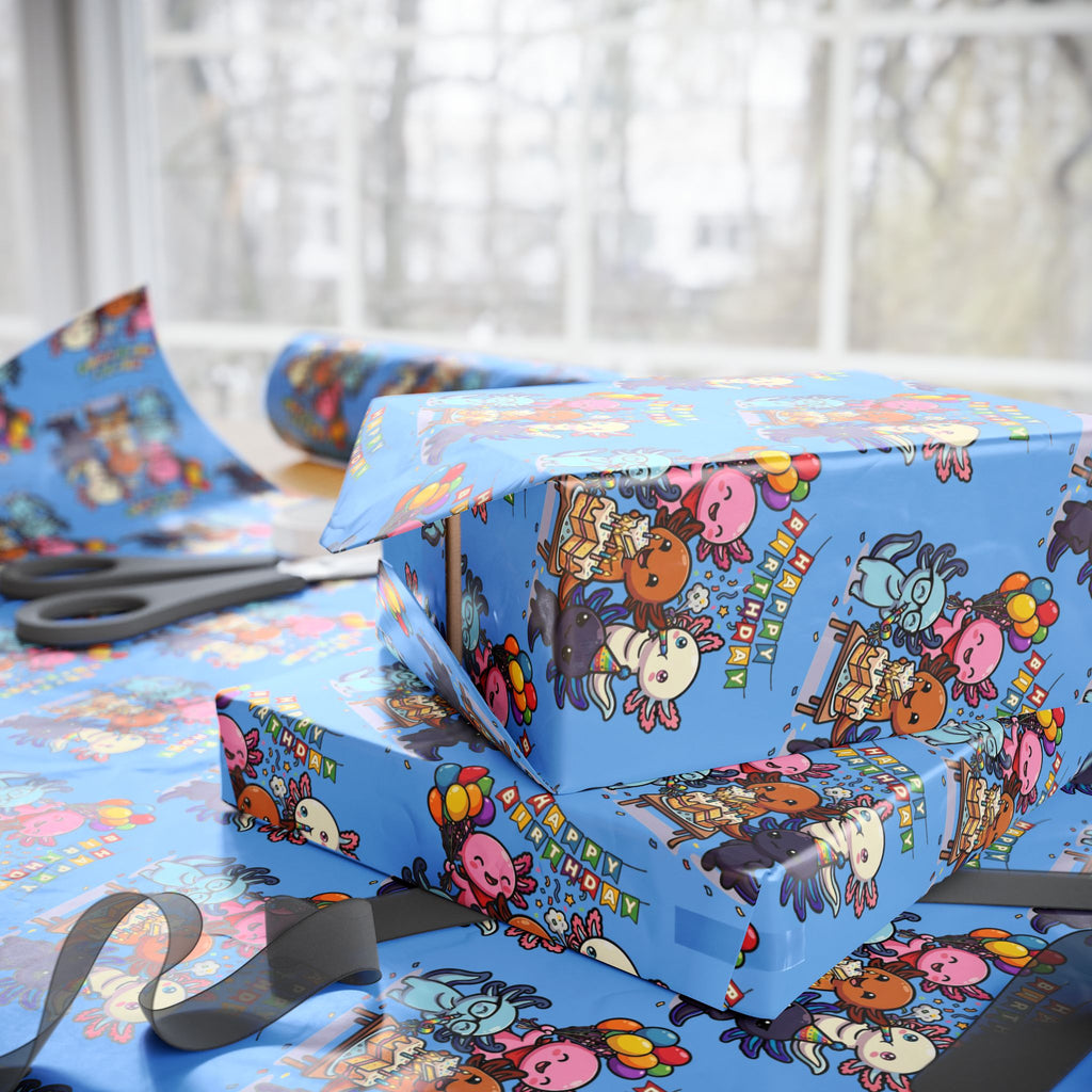 Axolago Cute Axolotl Birthday Glossy Wrapping Paper | Cartoon Animal Birthday Gift Wrap | Blue Party Pattern