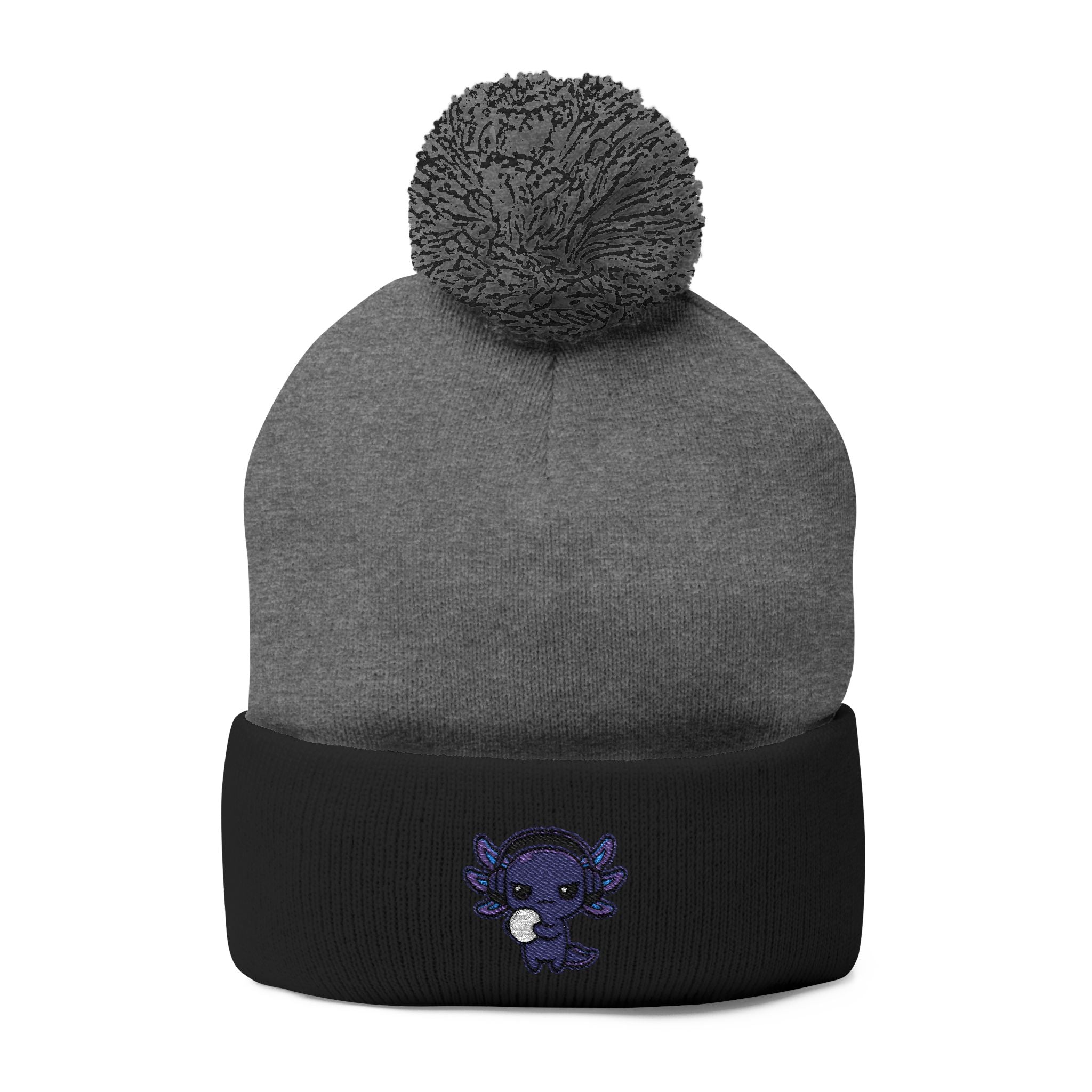 Embroidered Pom-Pom Knit Cap — Cozy Winter Beanie with Cute Skull & Floral Patch