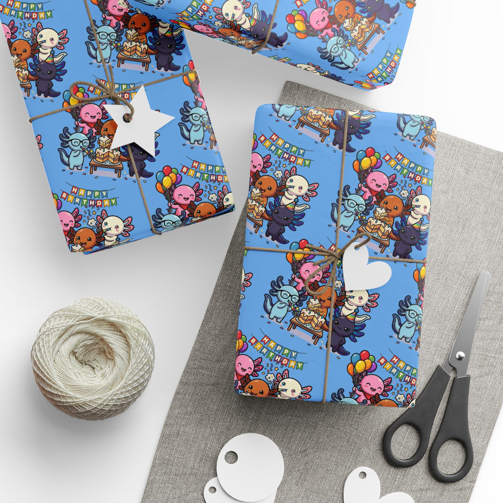 Axolago Cute Axolotl Birthday Glossy Wrapping Paper | Cartoon Animal Birthday Gift Wrap | Blue Party Pattern
