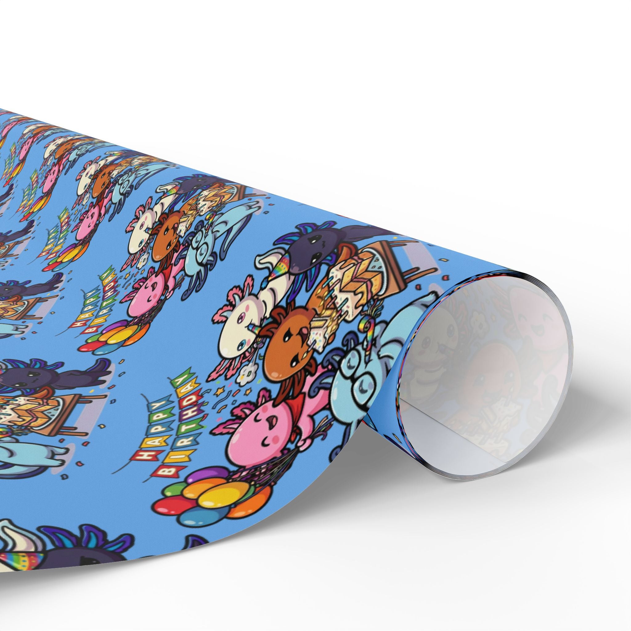 Axolago Cute Axolotl Birthday Glossy Wrapping Paper | Cartoon Animal Birthday Gift Wrap | Blue Party Pattern