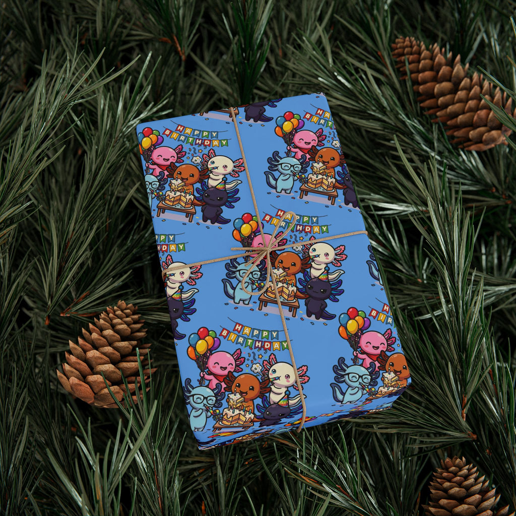 Axolago Cute Axolotl Birthday Glossy Wrapping Paper | Cartoon Animal Birthday Gift Wrap | Blue Party Pattern