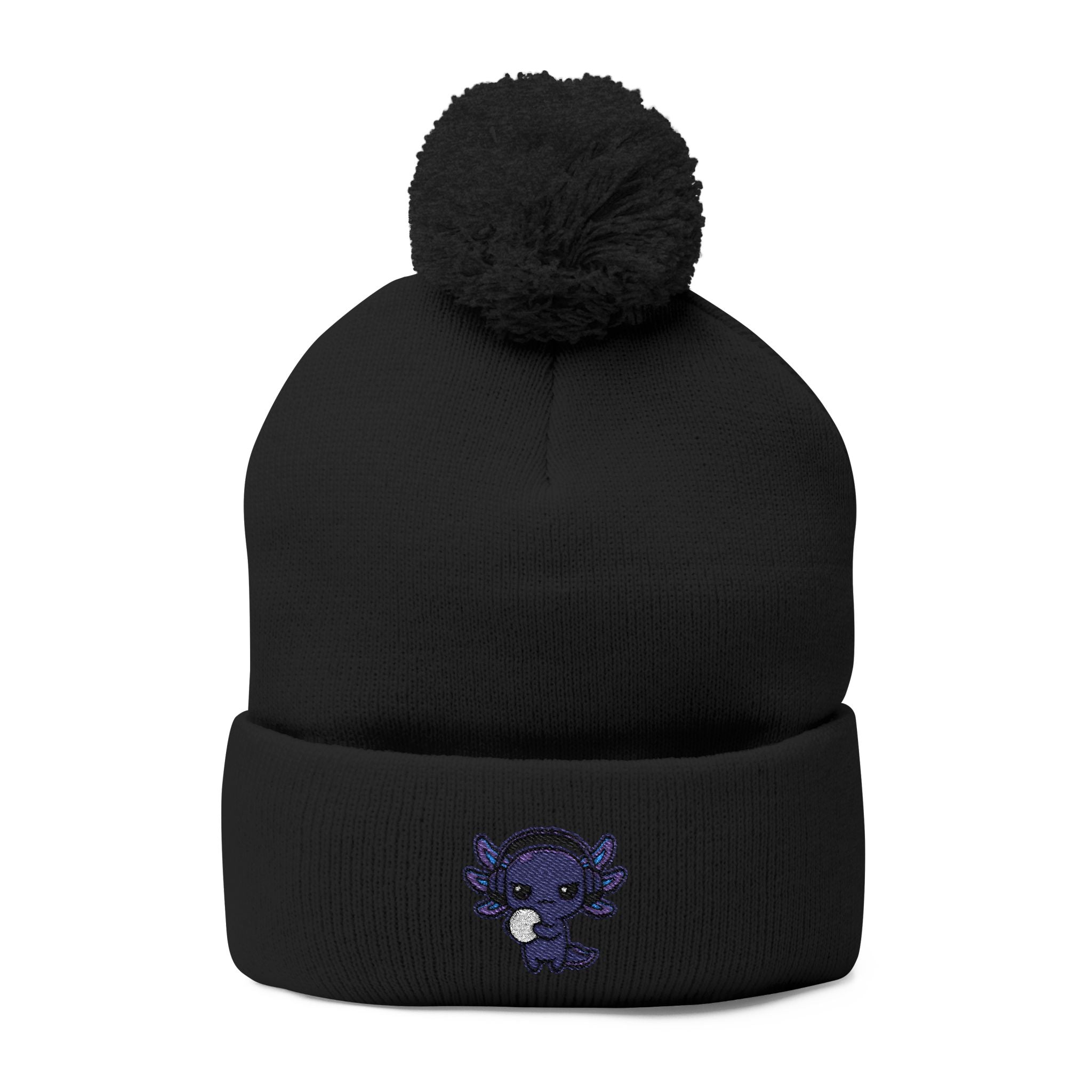 Embroidered Pom-Pom Knit Cap — Cozy Winter Beanie with Cute Skull & Floral Patch