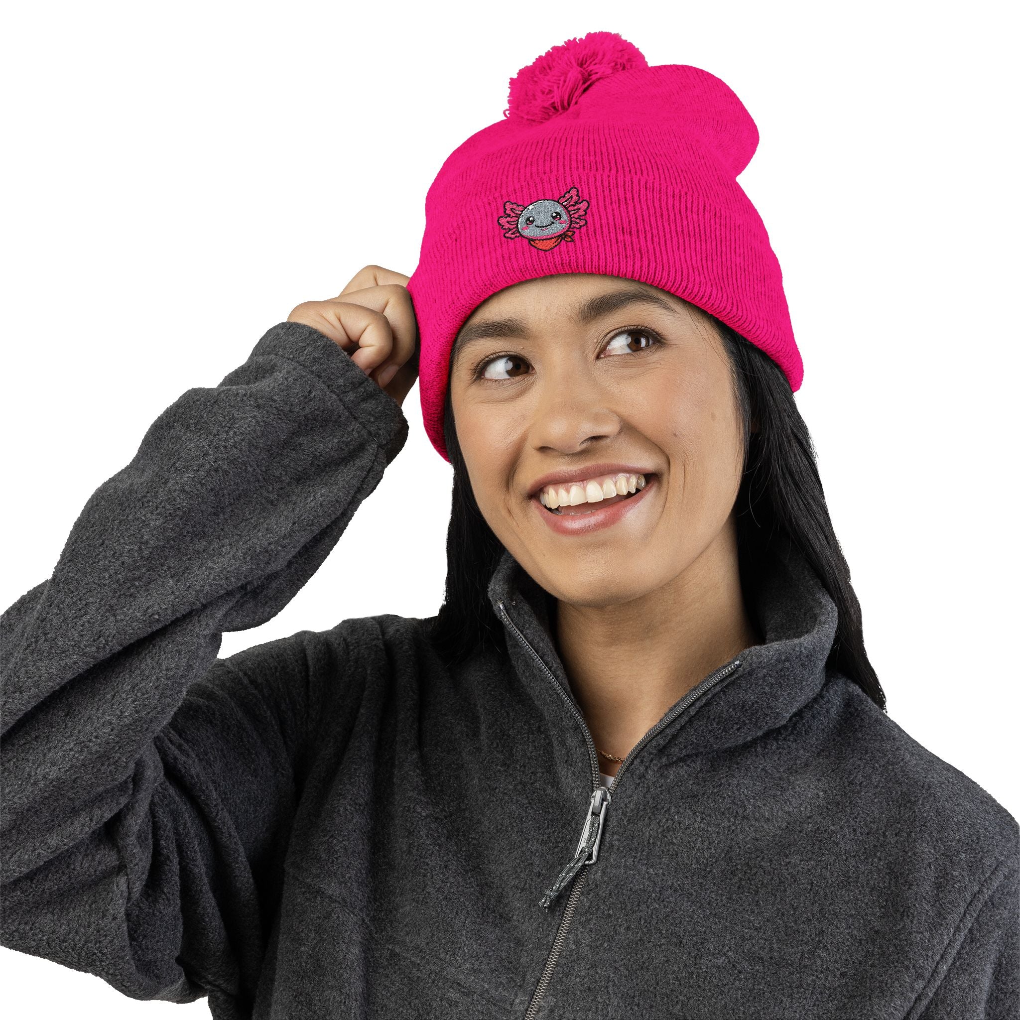 Pink Axolotl Beanie Hat — 'Kairo' Embroidered Pom-Pom Knit Cap