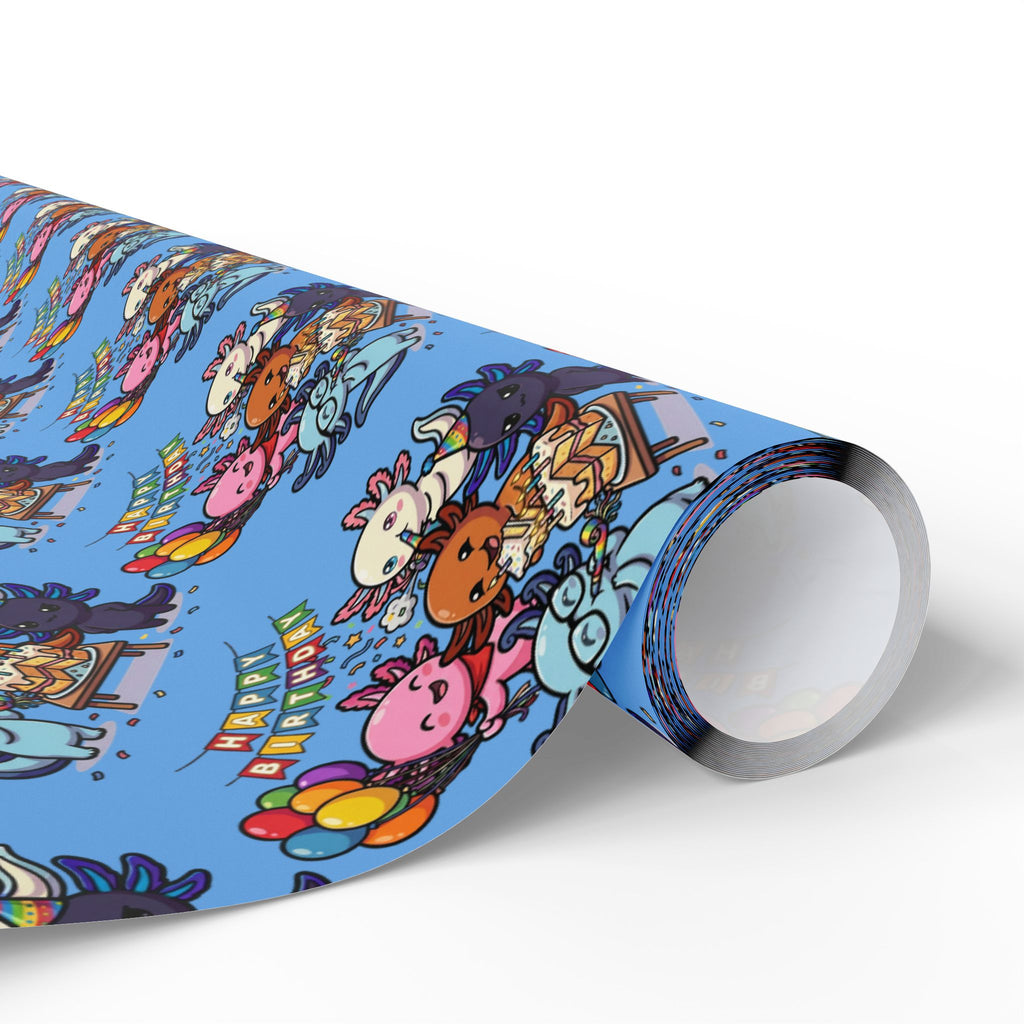 Axolago Cute Axolotl Birthday Glossy Wrapping Paper | Cartoon Animal Birthday Gift Wrap | Blue Party Pattern
