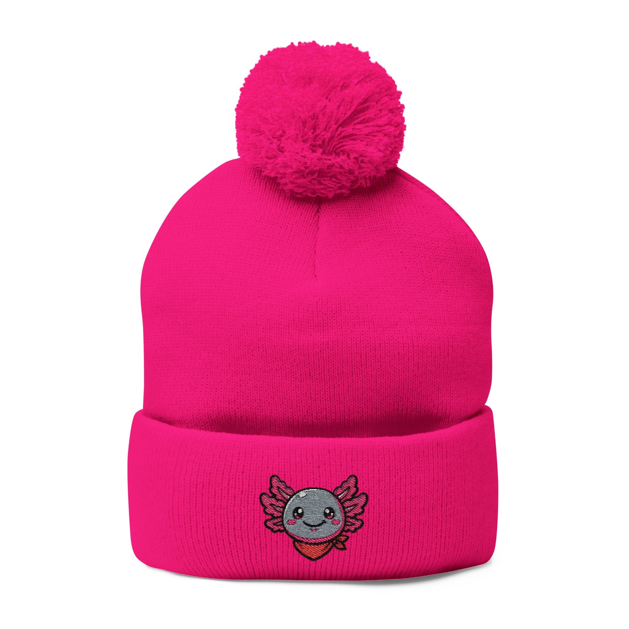 Pink Axolotl Beanie Hat — 'Kairo' Embroidered Pom-Pom Knit Cap